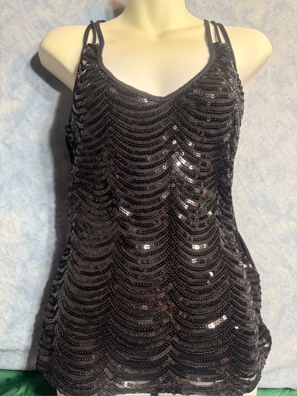 Black Sequin Strappy Tank Top